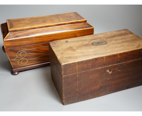 A Regency brass inlaid sarcophagus tea caddy and a George III mahogany caddy,sarcophagus caddy, 18.5cms high