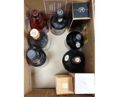 Nine bottles of selected spirits and port; to include Pousada Port, Whyte &amp; Mackay scotch whisky, Courvoisier, Johnnie Wa