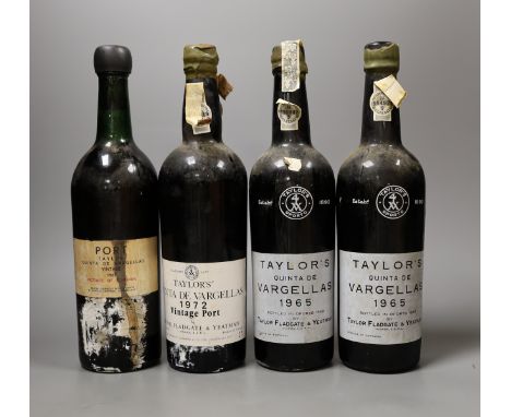 A four bottles of Taylor’s Quinta De Vargellas vintage port, two bottles dated 1965, one dated 1967 and the other 1972
