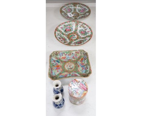 A group of 19th century Chinese famille rose - two plates, a square dish and a box and cover and two blue and white small vas