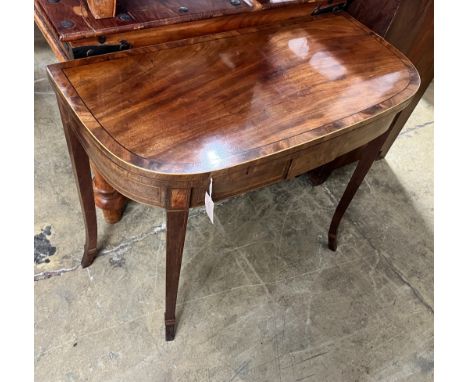 A George III banded mahogany D shaped folding card table, width 89cm, depth 43cm, height 73cm