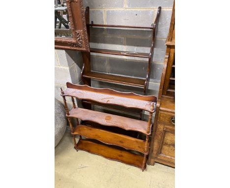 A Victorian mahogany five tier wall bracket, width 66cm, height 148cm together with a reproduction yew wall bracket
