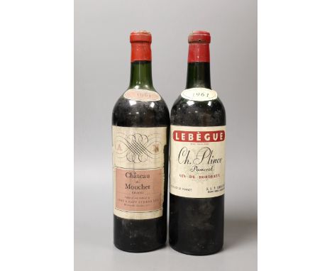 Two bottles of 1961 vintage wine, Chateau Plince Lebegue Pomerol and Chateau De Mouchet Graves.