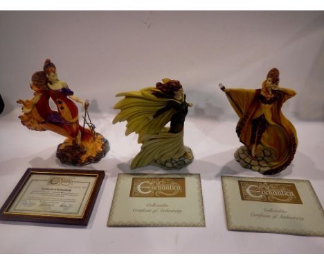 Three limited edition Enchantica figurines, Vijian 118/2950, Bruntian 311/2950, and Quillion 2218/15000, all boxed, largest H