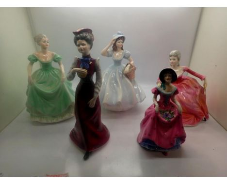 Five Coalport figurines, Charlotte, Christina, Polly, Henrietta and Penelope, no cracks or chips, largest H: 22 cm. UK P&amp;