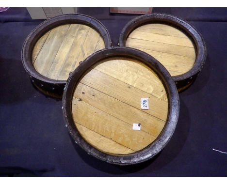 Three handcrafted trays, formed from oak barrel tops, as used on Great British Menu, D: 40 cm. UK P&amp;P Group 3 (£30+VAT fo