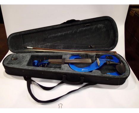 Rocket Music blue electric violin with case and bow. UK P&amp;P Group 3 (£30+VAT for the first lot and £8+VAT for subsequent 