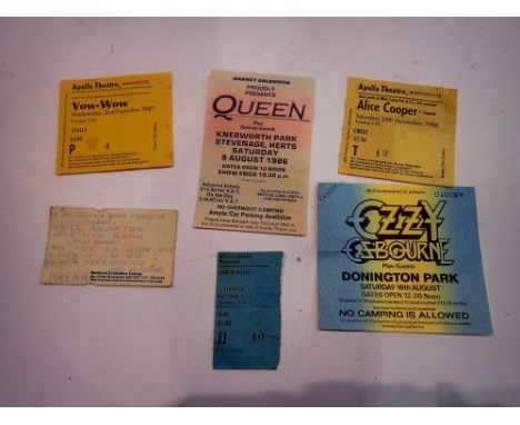 Six concert tickets including Queen 1986 and Alice Cooper 1986. UK P&amp;P Group 1 (£16+VAT for the first lot and £2+VAT for 