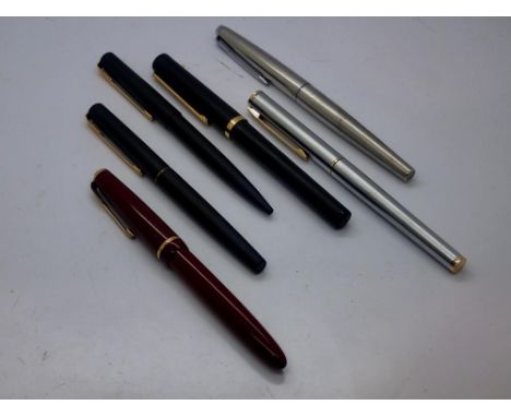 Three Parker fountain pens, one with a 14ct gold nib, and three Schaeffer pens (6). UK P&amp;P Group 1 (£16+VAT for the first