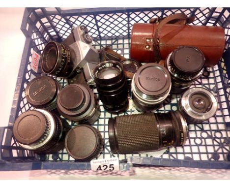 Selection of camera lenses including Chinon and a Pentax Asahi Spotmatic camera. UK P&amp;P Group 3 (£30+VAT for the first lo