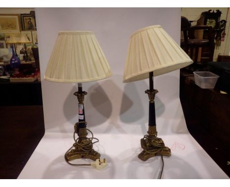 Pair of brass and metal based table lamps with shades, H: 62 cm. All electrical items in this lot have been PAT tested for sa