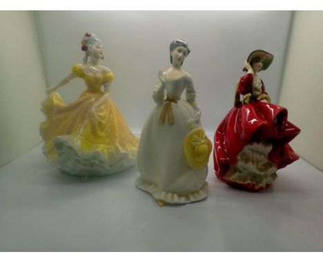 Two Royal Doulton figurines, Nanette and Top O the Hill, and a Royal Worcester figurine, Summertime, no cracks or chips, larg