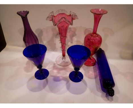 Six pieces of Victorian glass including Bristol blue and cranberry glass epergne, largest H: 31 cm. Not available for in-hous