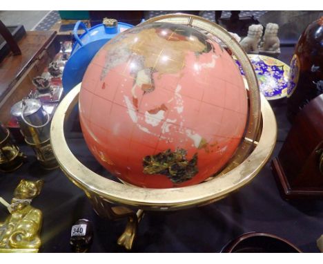 World globe made from semi precious stones on a brass base, H: 55 cm. Not available for in-house P&amp;P 