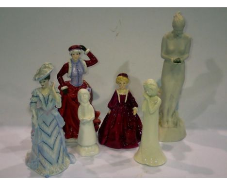 Three Royal Doulton figurines, Discovery HN3428, Helena Lady of the Year 2009, and Carol Singer Boy HN4031, with three Royal 