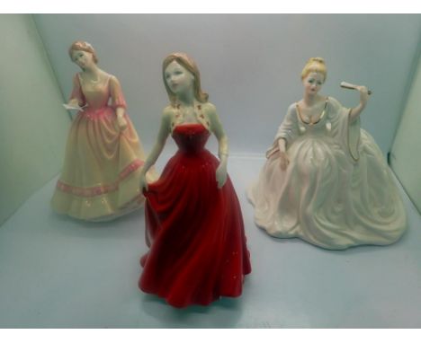 Two Royal Doulton figurines and a Coalport figurine (3), loss to paint on one figurine, no cracks or chips, largest H: 20 cm.