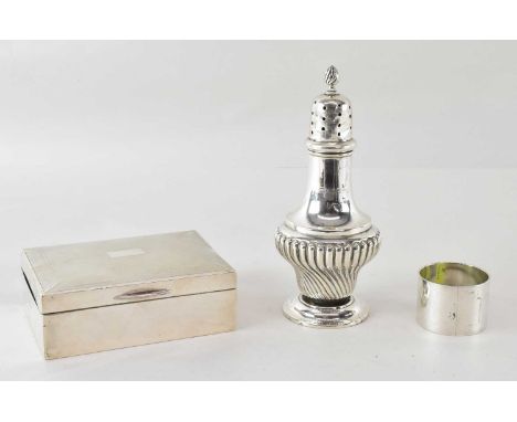 Three items of hallmarked silver comprising a John Rose Birmingham 1950 cigarette box, with engine turned pattern to the lid,