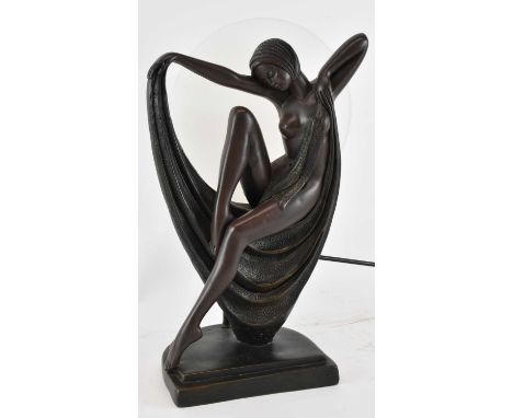 An Art Deco style bronzed resin figural table lamp modelled as a semi-nude female, stamped 'Crosa' to the base, height 38cm.
