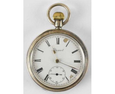 PRESCOT; a hallmarked silver open face pocket watch, the white enamel dial set with Roman numerals and subsidiary seconds, di
