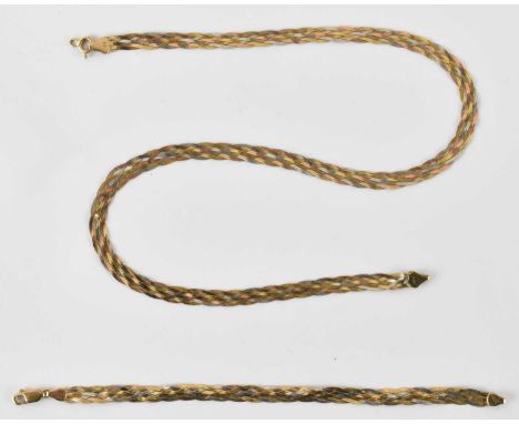A 9ct tri-colour flat braided necklace with ring clasp, length 45cm, and matching bracelet with lobster claw clasp, length 17