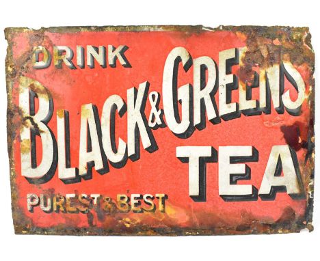 A vintage 'Black &amp; Green's Tea' double sided red enamel sign, 25 x 37cm.Condition Report: Well worn, with enamel loss and