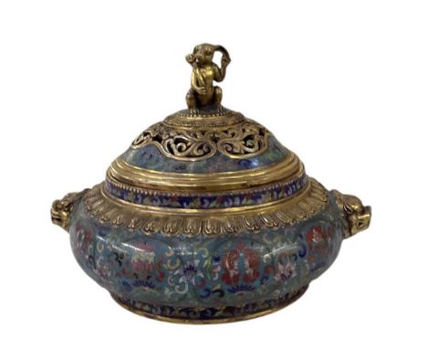 An early 20th century Chinese gilt metal cloisonné enamel lidded censer, the top surmounted with rabbit decoration, with Qian