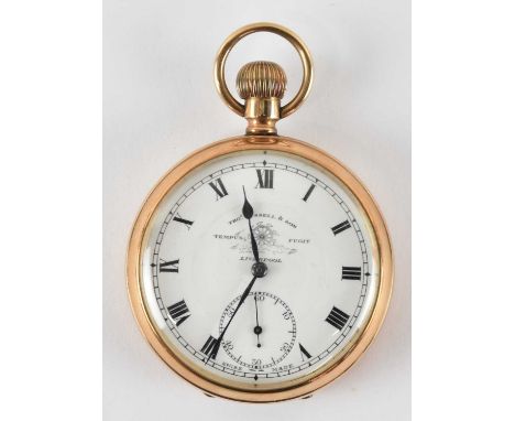 THOMAS RUSSELL &amp; SON OF LIVERPOOL; a 9ct yellow gold open face 'Tempus Fugit' pocket watch, the white enamel dial set wit