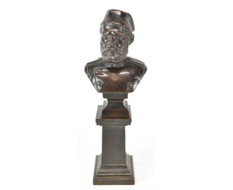 A late 19th century bronze bust, possibly Ismail Pasha, raised on bronze plinth base, height 21cm.