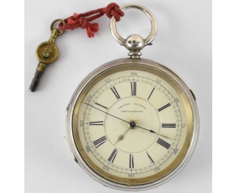 A silver open face centre seconds chronograph with Roman numerals, key wound movement, in hallmarked silver case.Condition Re