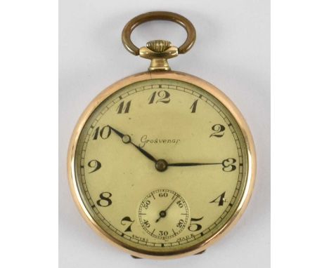 GROSVENOR; a vintage 9ct gold cased open face pocket watch, the silvered dial set with Arabic numerals and a smaller seconds 