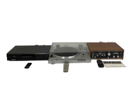 A Sony Model PS-T22 turntable, an Eagle International AA.6 stereo amplifier and an Orion compact disc/mini disc deck player, 
