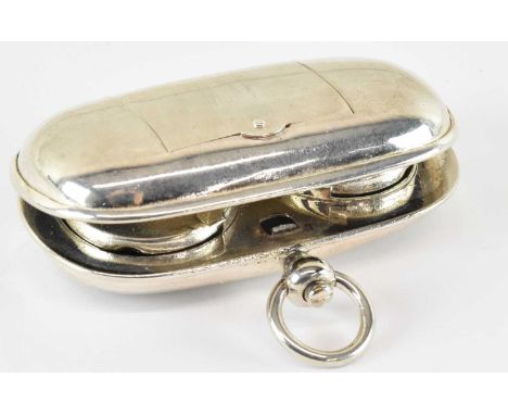 A white metal sovereign case, with stamp case to the top containing a Penny Black stamp, 6 x 3.5cm, approx 1.4ozt/45g.