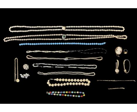 A group of modern, vintage and antique costume jewellery including a 9ct gold dainty necklace, length 40cm, approx 2.3g, a 9c