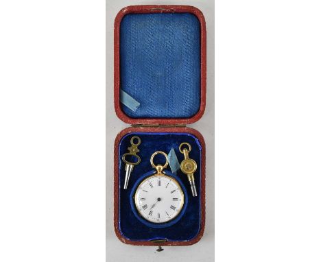 A late 19th century Continental yellow metal fob watch, the white enamel dial set with Roman numerals and subsidiary seconds,