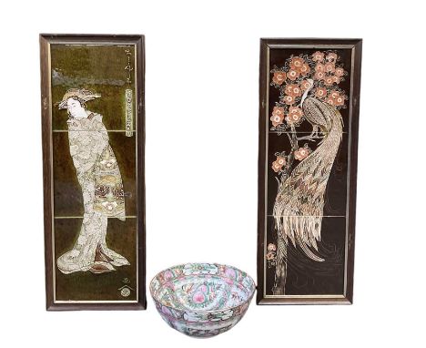 A modern Chinese Famille Rose porcelain bowl, with four character mark to base, diameter 23cm, and a pair of framed tile plaq