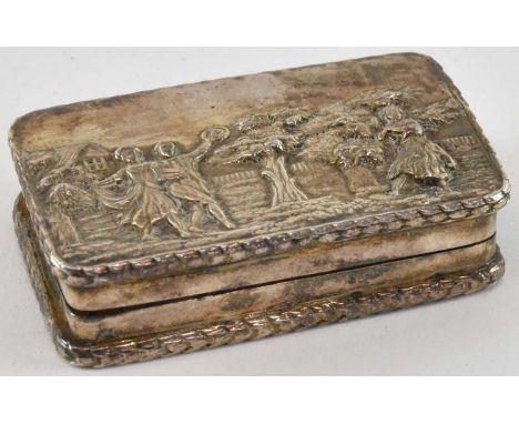 A modern hallmarked silver snuff box, the top depicting figures playing in a garden, Birmingham 1975, with rubbed maker's mar
