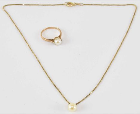 A 9ct gold and cultured pearl set ring, size K, and matching necklace, length 36cm, combined approx 3.8g, in presentation box