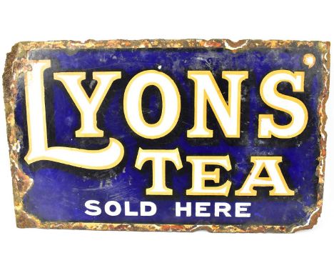 A vintage 'Lyons' Tea' double sided enamel sign, 23 x 38cm.Condition Report: As shown, quite a lot of wear and rust.