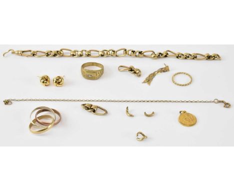 A quantity of scrap yellow metal jewellery including earrings, tri-colour gold ring, bracelet, tassel earring etc, combined a