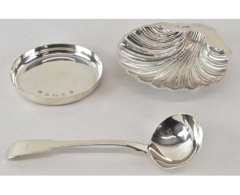 WEST &amp; SON; a late Victorian hallmarked silver pin dish modelled as a shell, London 1896, 14 x 13cm, an Elizabeth II circ