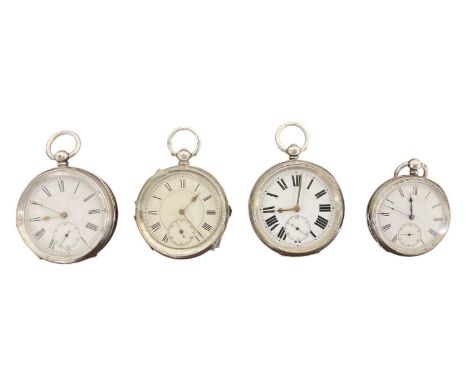 Four Continental silver cased open face pocket watches, all with white enamel faces set with Roman numerals, a small subsidia
