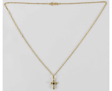 An 18ct gold dainty necklace, with ring clasp and white and blue stone set small cross, length 44cm, approx 2.1g.