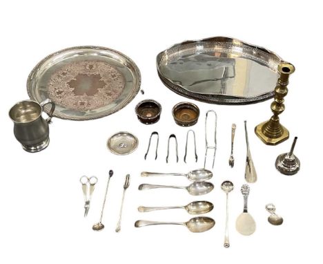 A small quantity of silver plated items including an oval tray, 46.5 x 31cm, circular tray, mug, two wine coasters, brass can
