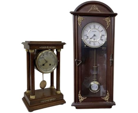 A 20th century oak and gilt metal mounted mantel clock with silvered dial, height 38cm and a modern German mahogany and gilt 