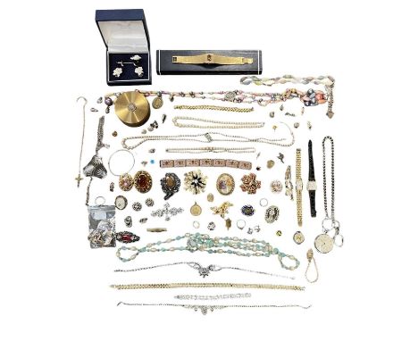 A group of mixed costume jewellery comprising a 9ct gold ring with white heart shaped stone, size Q, a 9ct gold bar brooch wi