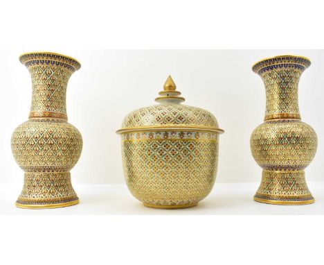 A pair of 20th century Thai Bencharong style vases with flared rims, height 26.5cm, and a matching bowl and cover, with inter