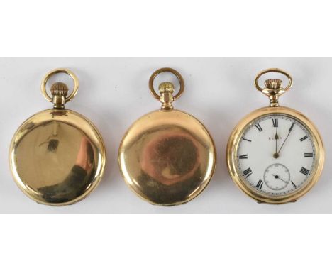 Three gold plated cased pocket watches comprising two Elgin, both with white dials set with Roman numerals, outer minute trac