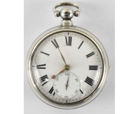 A George IV hallmarked silver pair cased pocket watch, the white enamel dial set with Roman numerals, outer minute track and 
