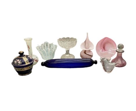 Nine pieces of art glass including a mid century Murano style handkerchief vase, after the design by Venini, a small clear gl