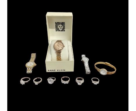 Six silver and silver coloured white stone set dress rings and three lady's wristwatches, comprising Geneve quartz with gold 